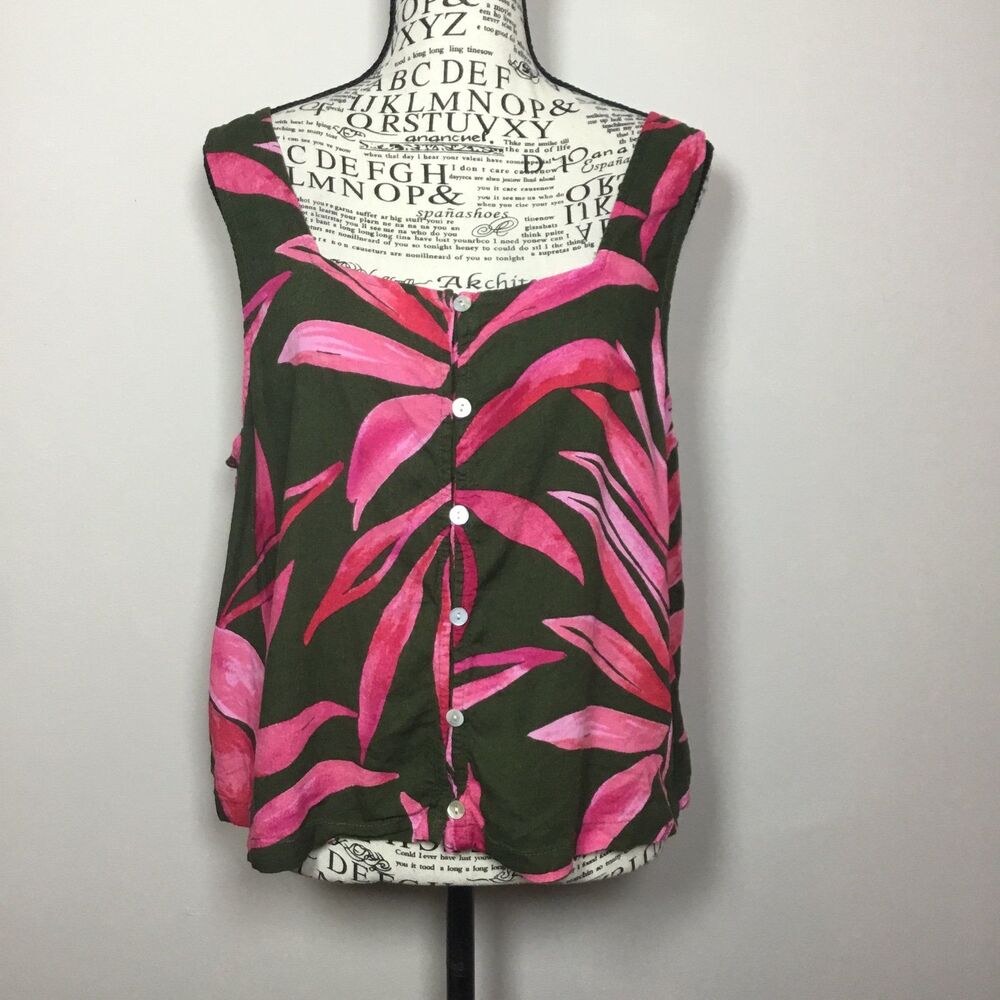 Linen blend exotic tank mossy green dark pink button and loop XL vacation boho